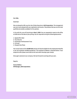 Editable Sales Job Offer Letter Editable Sales Job Offer Letter