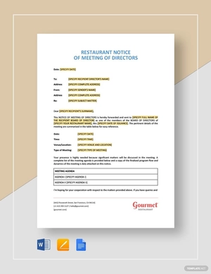 Restaurant Notice of Meeting of Directors Template