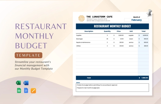Restaurant Monthly Budget Template