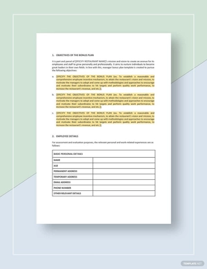 Restaurant Manager Bonus Template