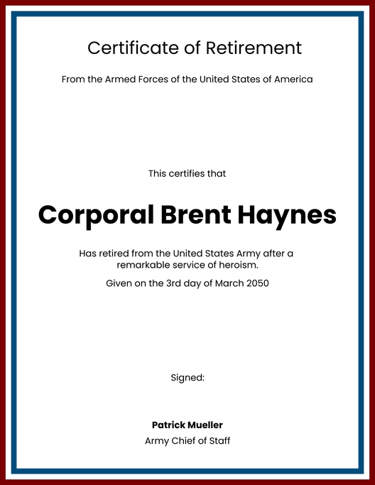 Certificate Of Retirement US Army