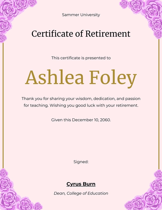 Retirement Certificate For Teacher