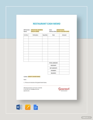 Restaurant Cash Memo Template