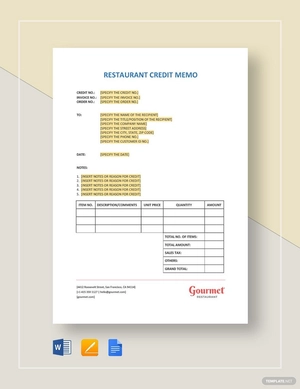 Restaurant Credit Memo Template