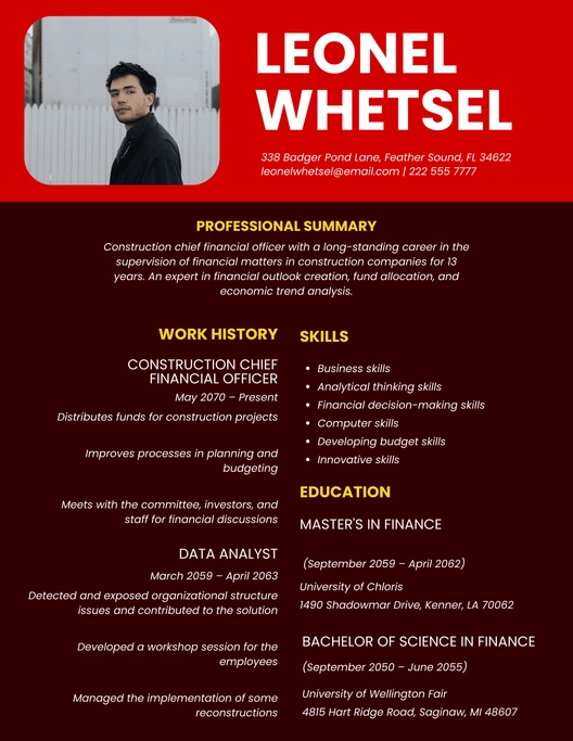 Construction Chief Financial Officer Resume
