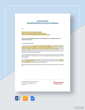 Restaurant Memorandum on Sale Seminar Template Restaurant Memorandum on Sale Seminar Template