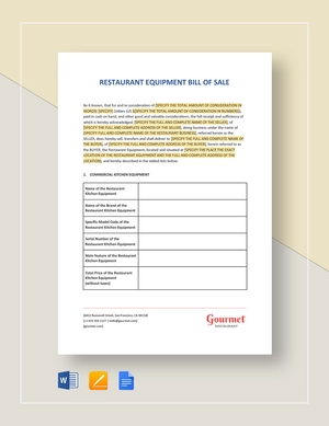 Restaurant Equipment Bill of Sale Template