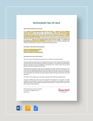 Restaurant Bill of Sale Template