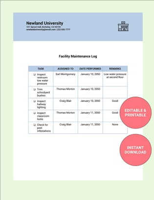 Facility Maintenance Log Template