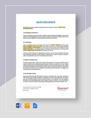 Restaurant Sales Disclaimer Template