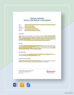 Restaurant Special Pricing Policy for Repeat Customers Template