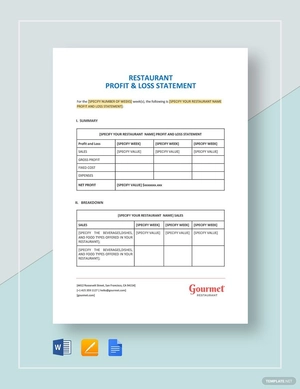 Restaurant Profit and Loss Statement Template