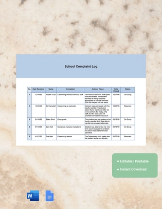 School Complaint Log Template