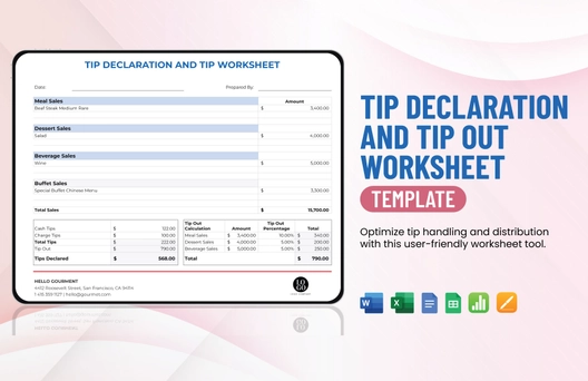 Tip Declaration and Tip Out Worksheet Template