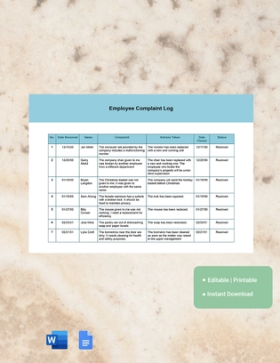 Employee Complaint Log Template