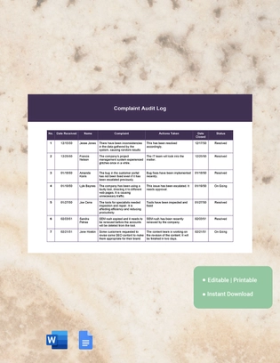 Complaint Audit Log Template
