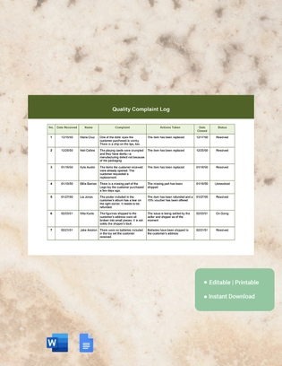 Quality Complaint Log Template Quality Complaint Log Template
