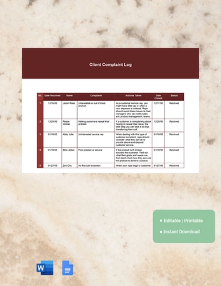 Client Complaint Log Template Client Complaint Log Template