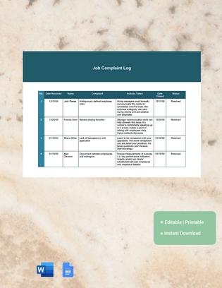 Job Complaint Log Template