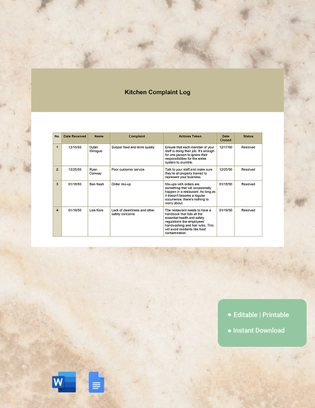 Kitchen Complaint Log Template