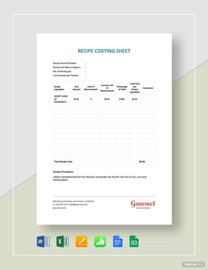 Restaurant Recipe Costing Sheet Template