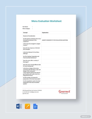 Menu Evaluation Worksheet Template