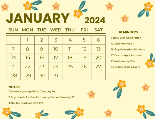 Floral January 2024 Calendar
