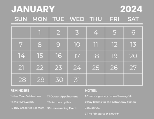 Printable January 2024 Calendar