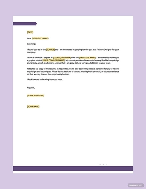 Sample Fashion Designer Resume Cover Letter