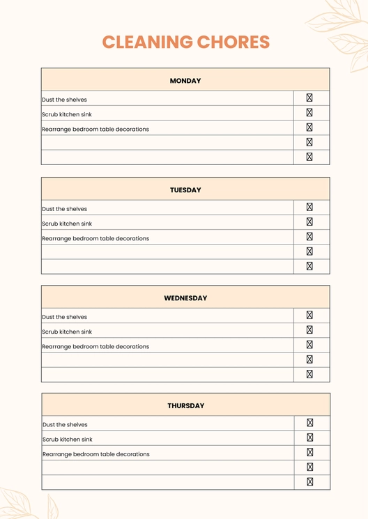 Adult Cleaning Chore Chart