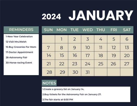 January 2024 Monthly Calendar