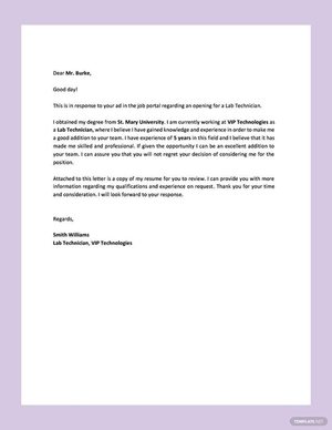 Sample Lab Technician Resume Cover Letter