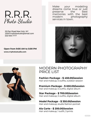 Modern Photography Pricing Guide Template