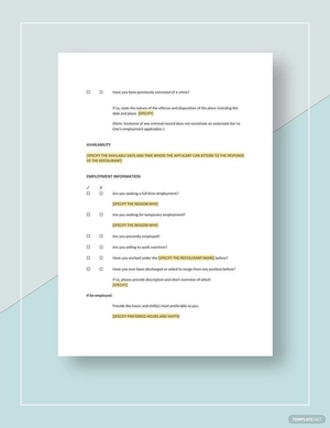 Restaurant Employment Application Template