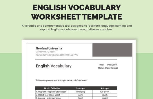 English Vocabulary Worksheet Template English Vocabulary Worksheet Template