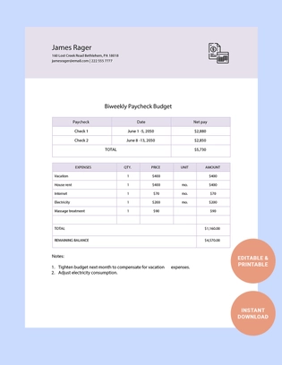 Bi Weekly Paycheck Budget Template