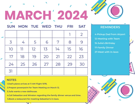 Colorful March 2024 Calendar