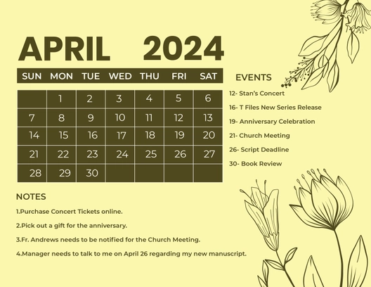 Floral April 2024 Calendar