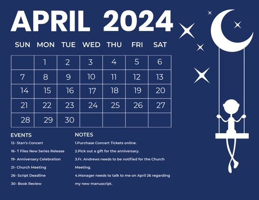 Blue April 2024 Calendar