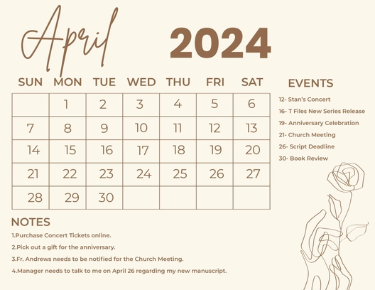 Calligraphy April 2024 Calendar