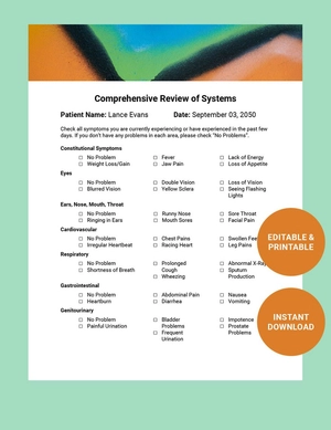 Comprehensive Review Of Systems Template
