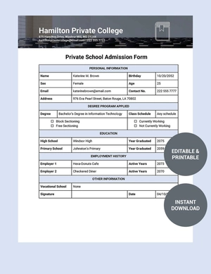 Private School Admission Form Private School Admission Form