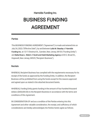Sample Business Funding Agreement Template Sample Business Funding Agreement Template