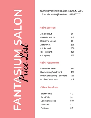 Barbing Salon Price List