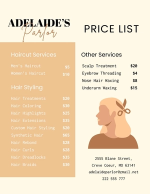Hair Dresser Price List