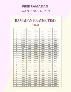 Ramadan Prayer Time Chart