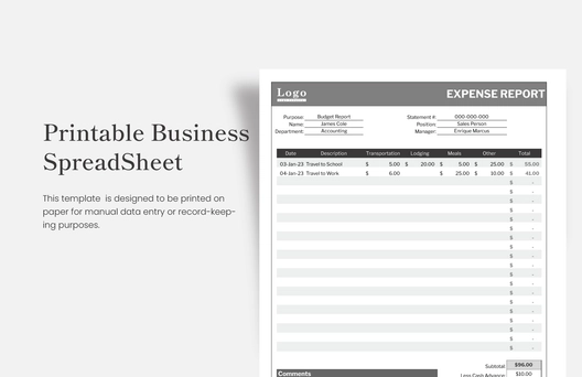 Printable Business Spreadsheet