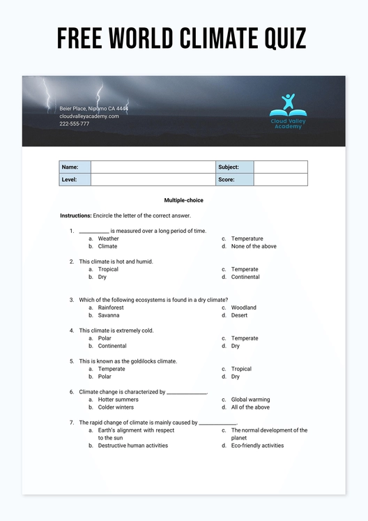 World Climate Quiz Template World Climate Quiz Template