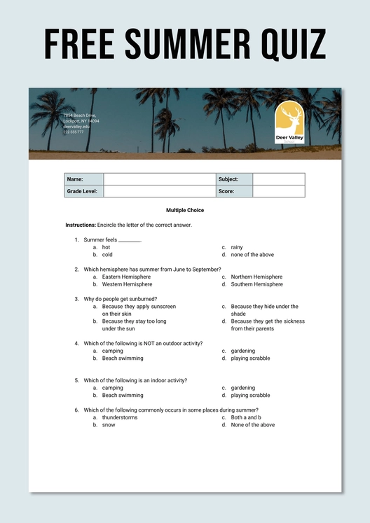 Summer Quiz Template Summer Quiz Template