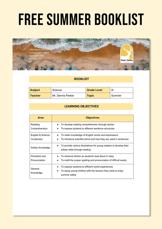 Summer Booklist Template